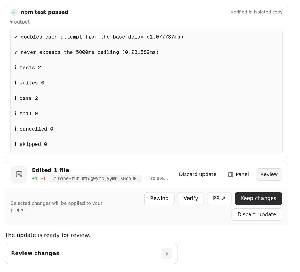 8code&rsquo;s pass/fail evidence card: a green tick beside &ldquo;npm test passed&rdquo;, the label &ldquo;verified in isolated copy&rdquo;, the raw test output listing both tests passing with 2 tests, 2 pass, 0 fail, and beneath it a row reading &ldquo;Edited 1 file, +1 -1&rdquo; on a mane-run worktree branch with Rewind, Verify, PR and Keep changes actions.